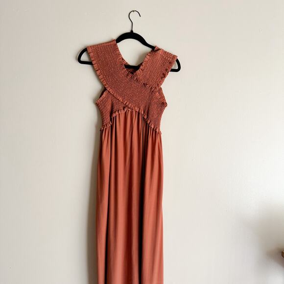 Flawless Brown Shirred Criss Cross Maxi Dress - Medium - Picture 7 of 9